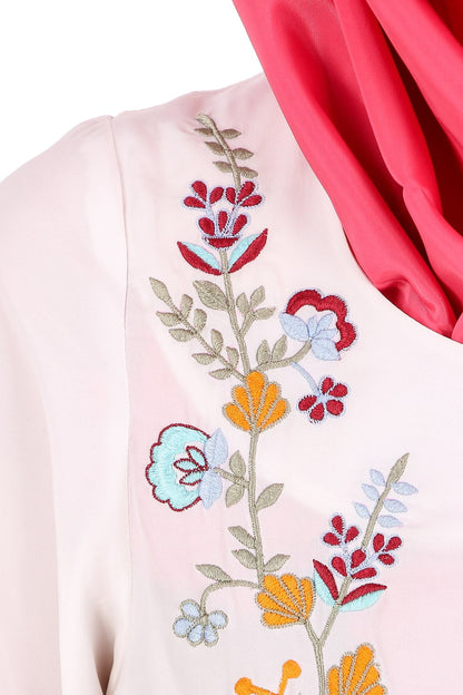 Colorful Embroidered Bell Sleeve White Abaya