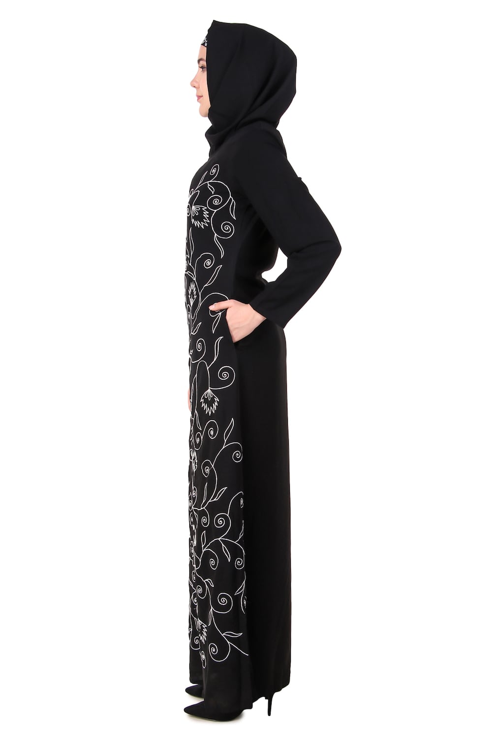 Front Floral Embroidered A-Line Abaya