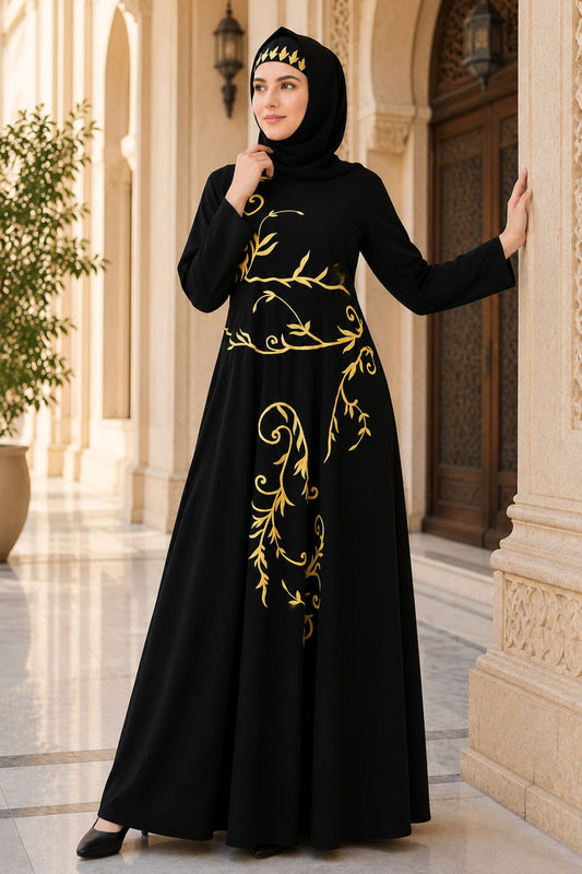 Single Color Floral Embroidery Anarkali Abaya