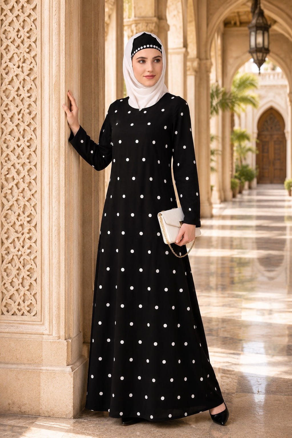Embroidered Polka Dot A-Line Abaya