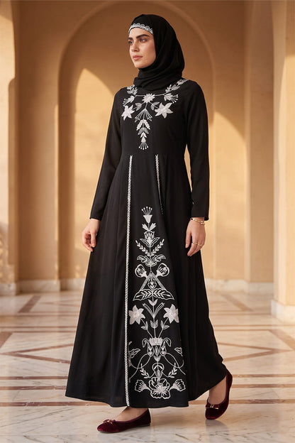 Fancy White on Black Embroidery Anarkali Abaya