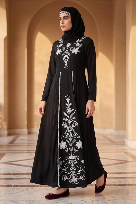 Fancy White on Black Embroidery Anarkali Abaya