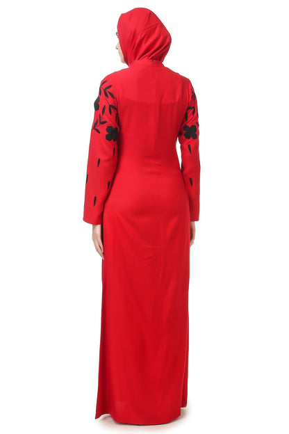 Black Floral Embroidery Red Rayon Abaya