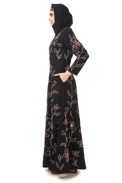 All Over Floral Embroidered Semi Circular Abaya