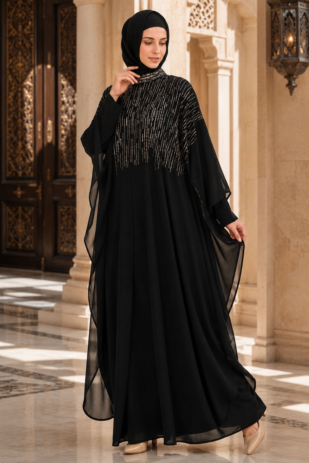 Tulip Cut Eid Kaftan Style Abaya Hand Embroidered With Beads And Sequence