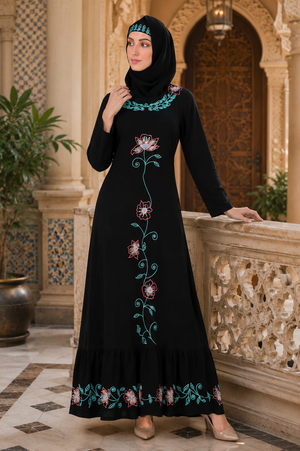 Ruched Bottom Floral Embroidery Nida Abaya