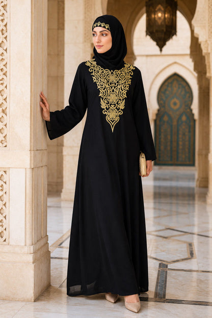 Gold Hand Embroidered Neck Fancy Abaya AY-806
