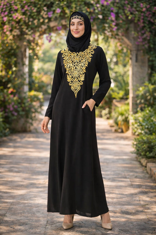 Gold Hand Embroidered Neck Fancy Abaya AY-806