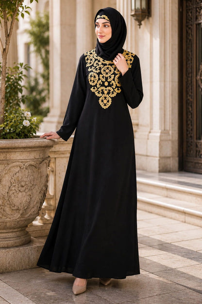 Gold & Copper Hand Embroidered Neck Fancy Abaya AY-808