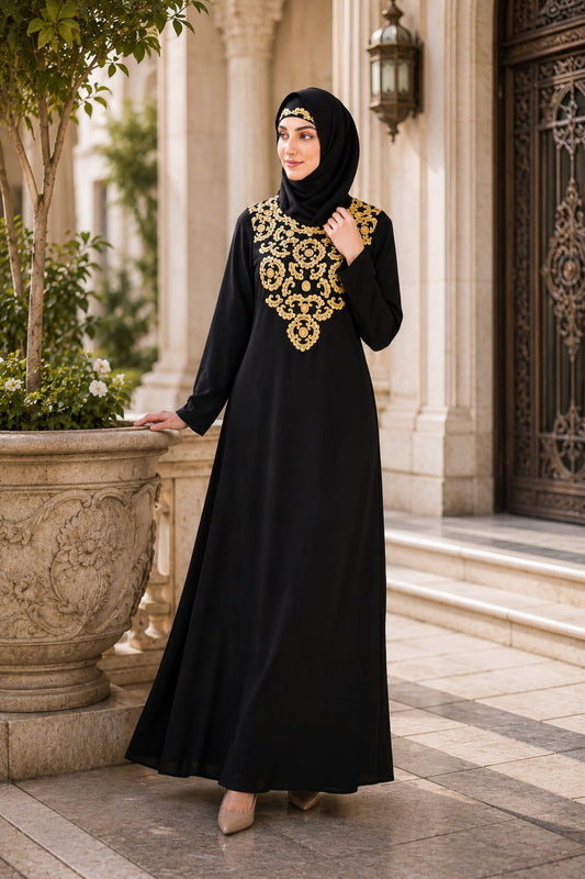 Gold & Copper Hand Embroidered Neck Fancy Abaya AY-808
