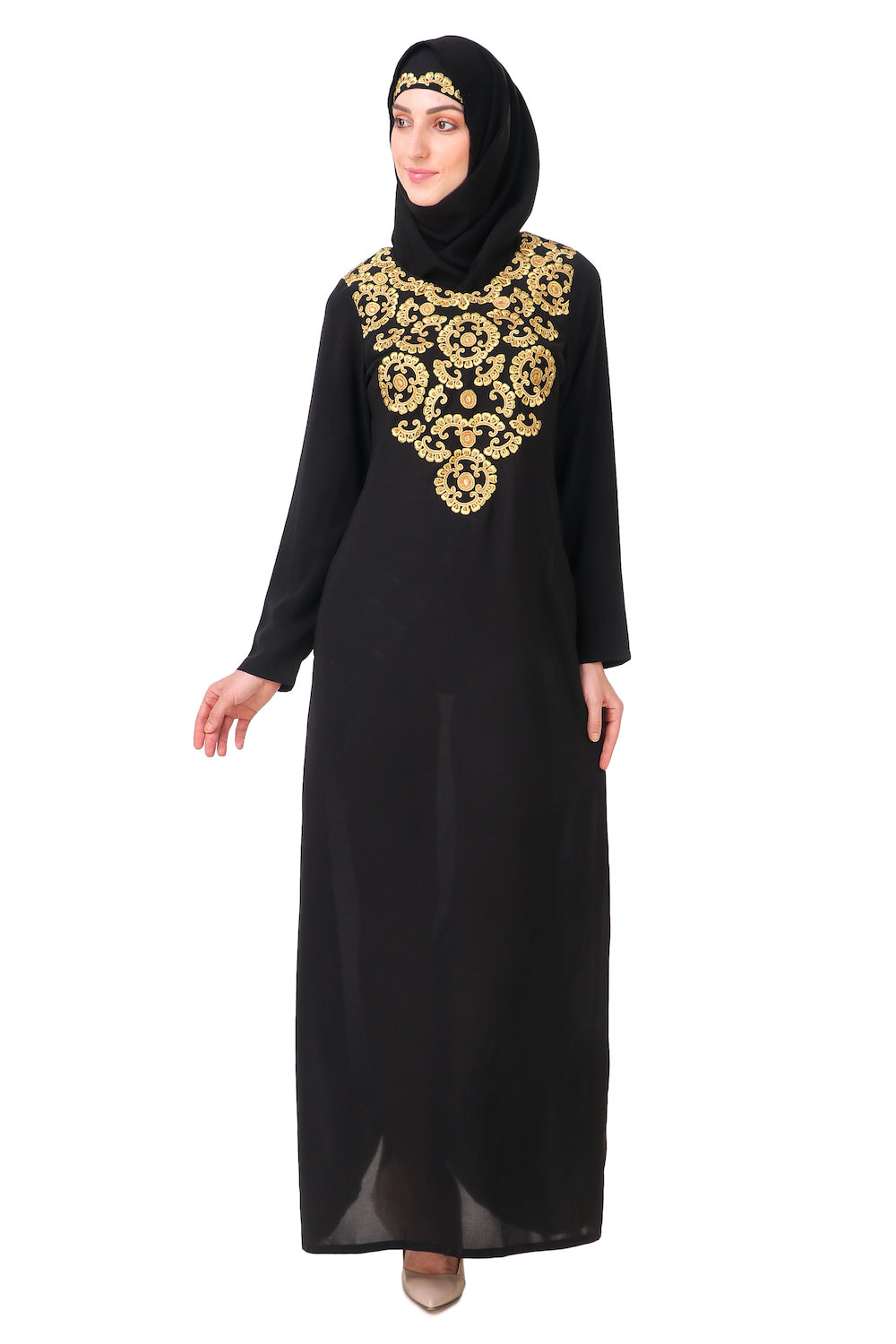 Gold & Copper Hand Embroidered Neck Fancy Abaya AY-808