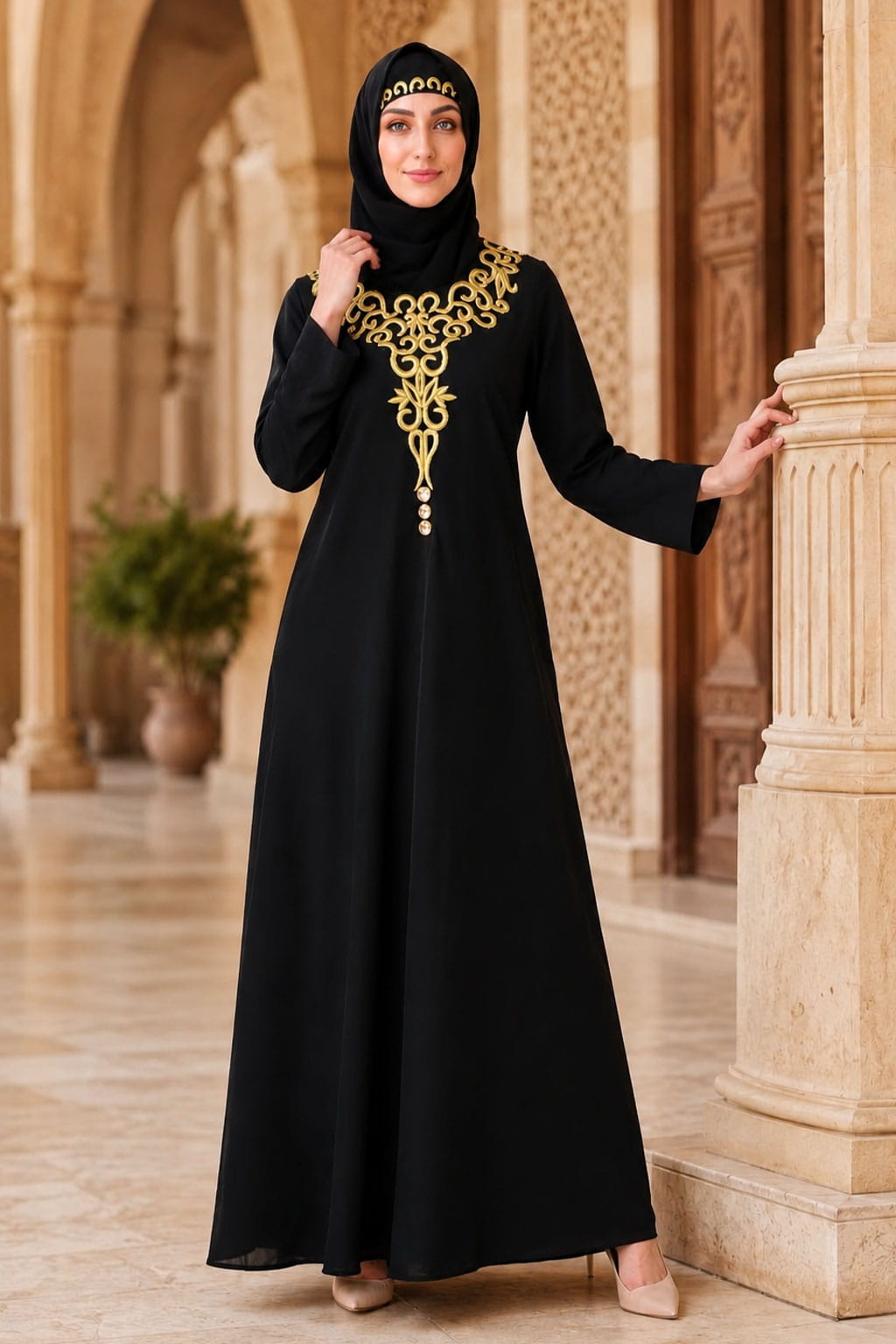Black Abaya With Gold Embroidery AY-810