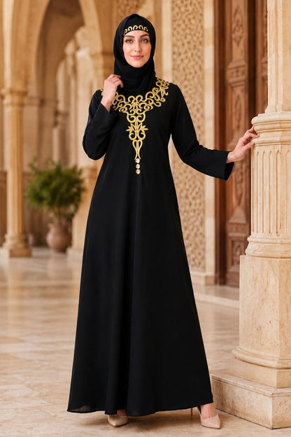 Black Abaya With Gold Embroidery AY-810