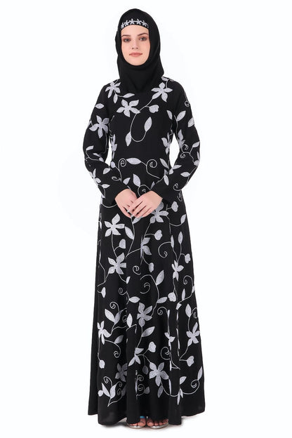 Embroidered Floral Vines Flared Abaya