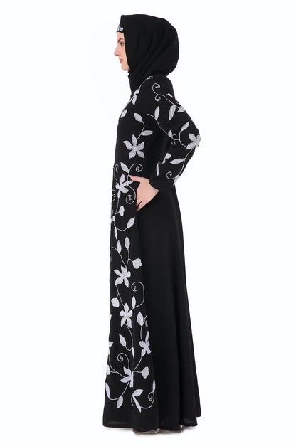 Embroidered Floral Vines Flared Abaya