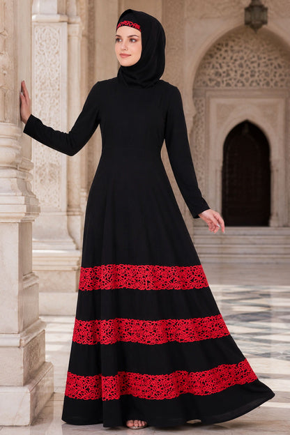 Red Embroidered Lace Abaya