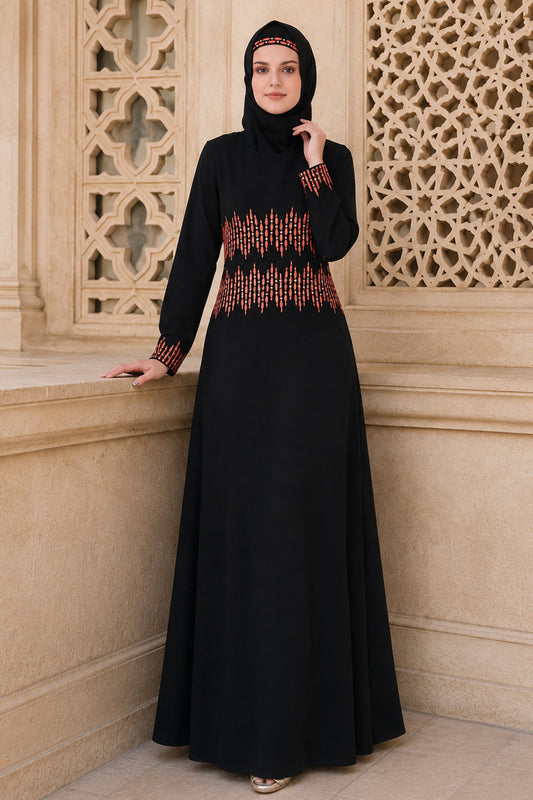 Graphic Stripe Embroidery A-Line Abaya
