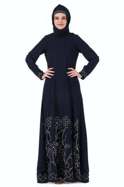 Floral Geo Embroidery Navy Blue Abaya