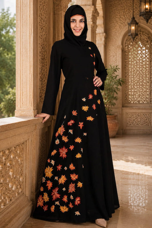 Falling Leaf Embroidery Flared Abaya