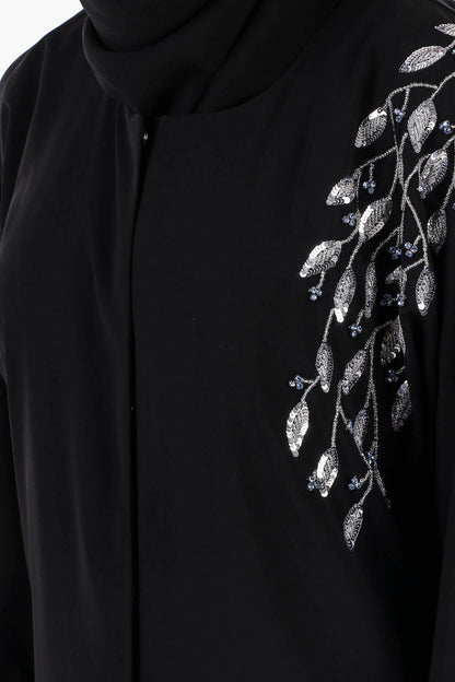 Front Open Hand Leaf Embroidered Dubai Abaya
