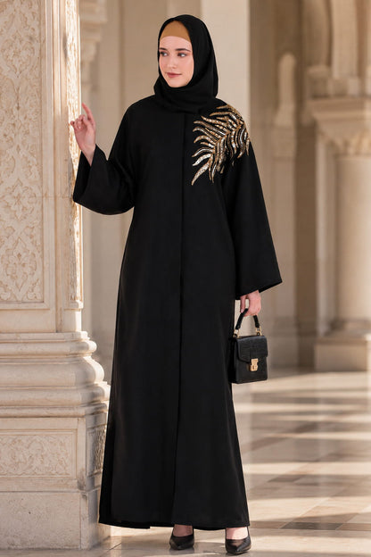 Front Open Hand Gold Leaf Embroidered Dubai Abaya