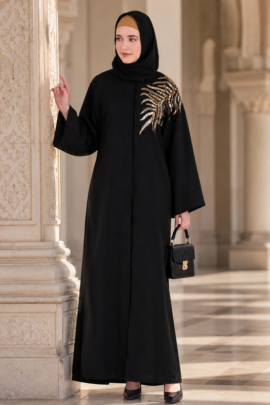 Front Open Hand Gold Leaf Embroidered Dubai Abaya