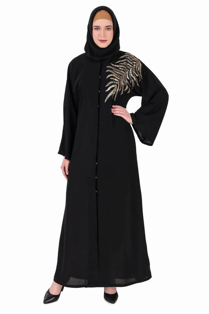 Front Open Hand Gold Leaf Embroidered Dubai Abaya