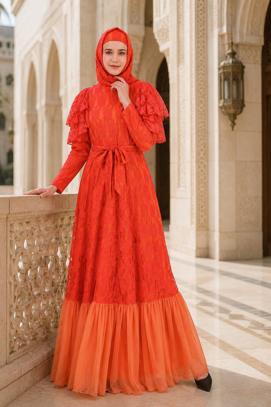 Fancy Multi Layer Semi Circular Floral Abaya