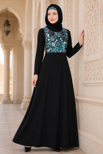 Floral Embroidered Bodice Multi Panel Abaya