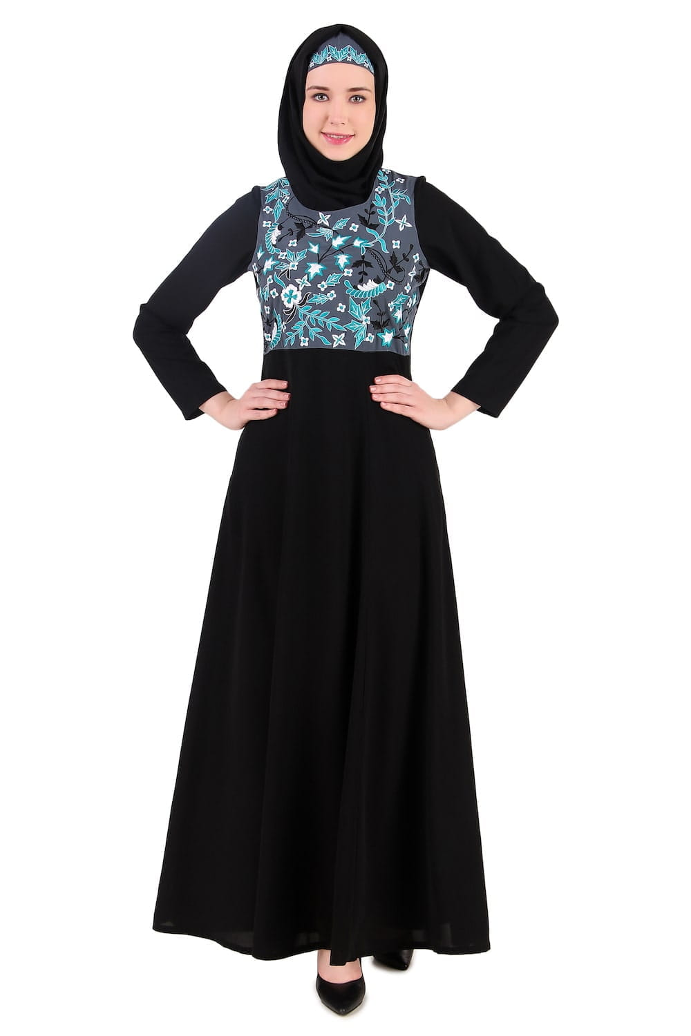 Floral Embroidered Bodice Multi Panel Abaya