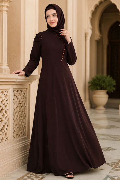 Button Embellished Curved Placket Brown Nida Abaya