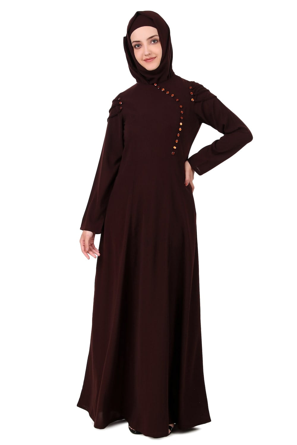 Button Embellished Curved Placket Brown Nida Abaya