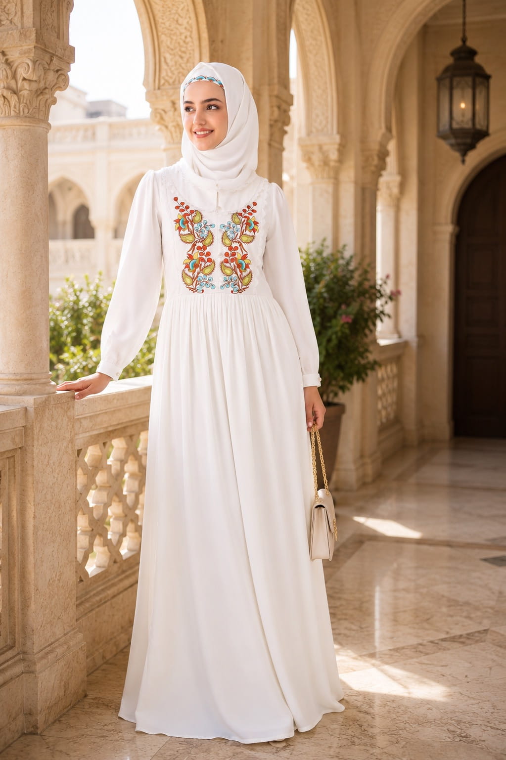 Heavy Flared Hand Embroidered White Abaya
