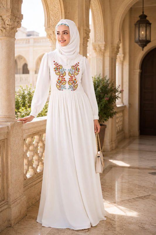 Heavy Flared Hand Embroidered White Abaya