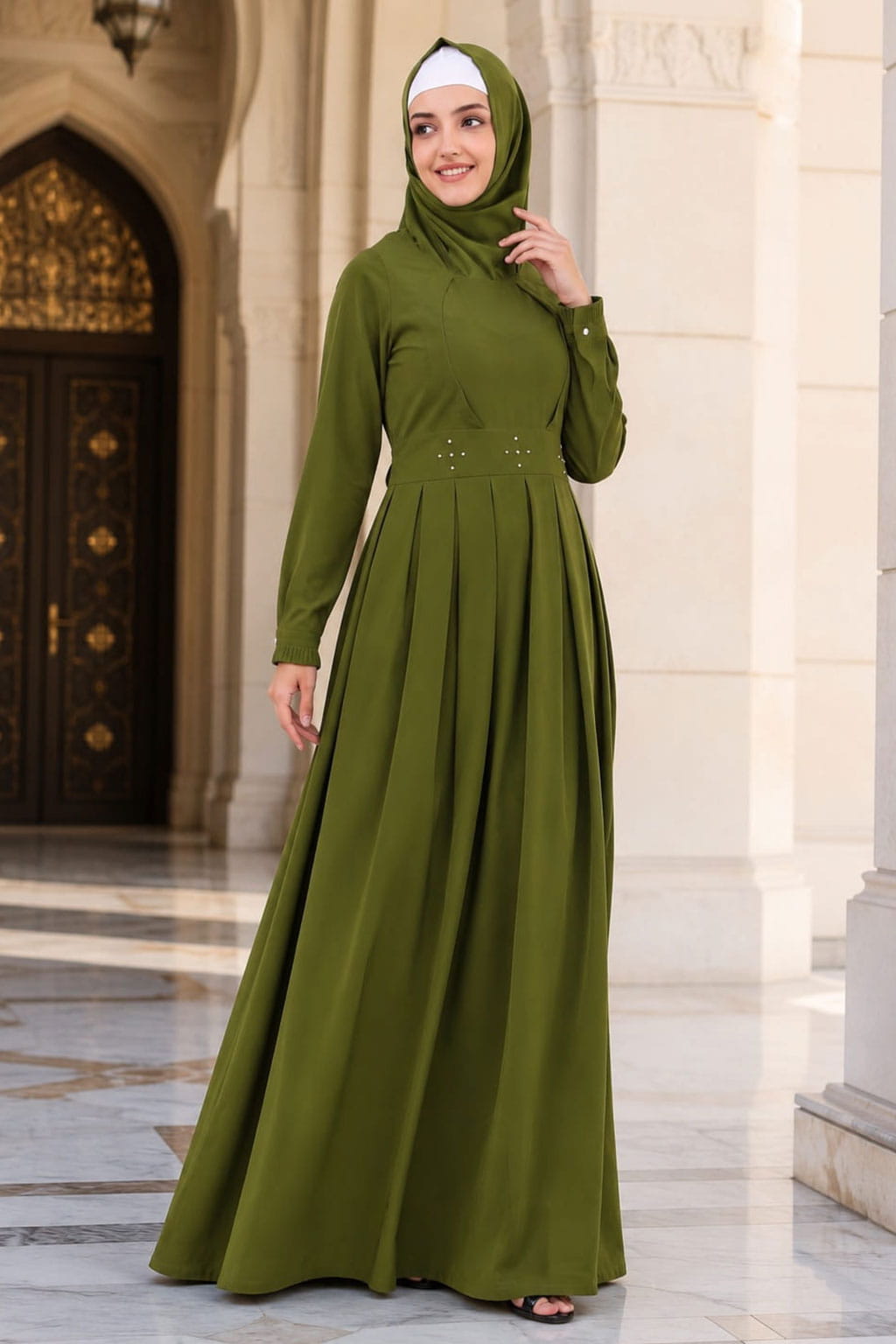 Fancy Henna Color Box Pleated Flared Abaya