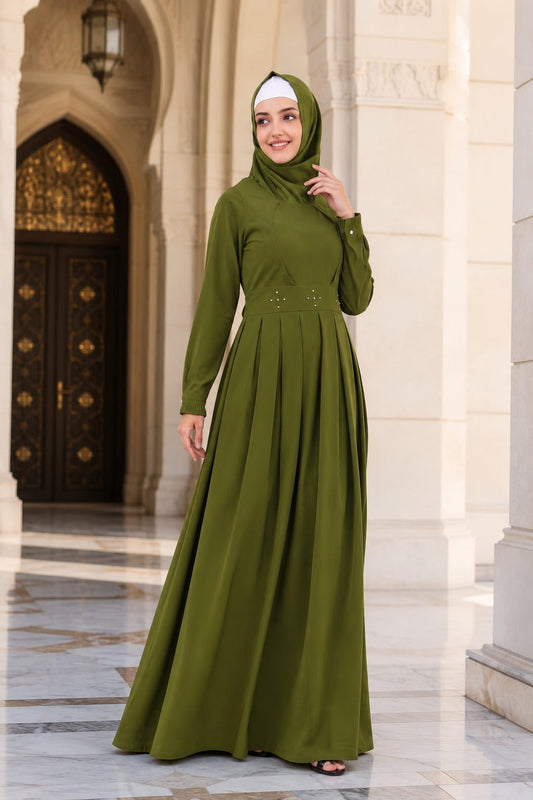 Fancy Henna Color Box Pleated Flared Abaya
