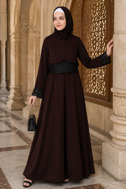 Brown Nida and Jersey Fancy Lace Abaya