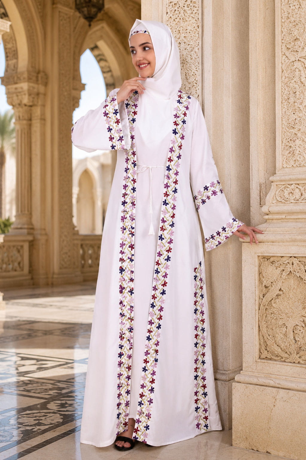 Heavy Embroidered Front Open White Abaya
