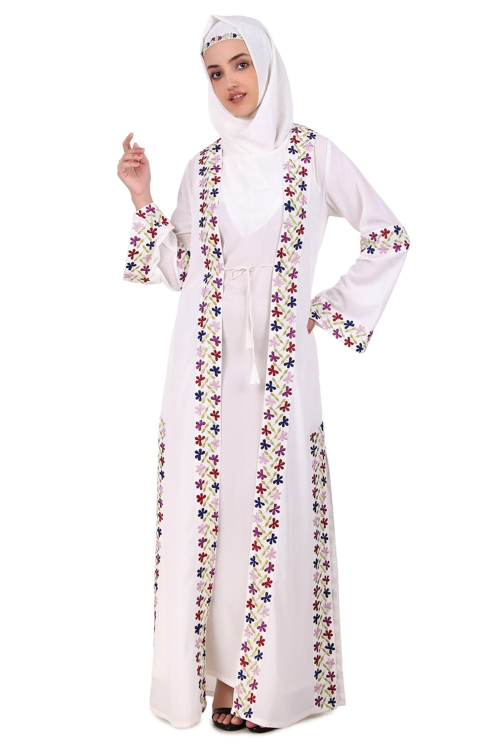 Heavy Embroidered Front Open White Abaya