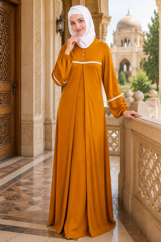 Mustard Jersey Lace Abaya