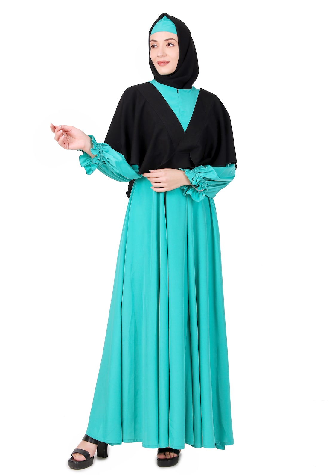 Frilled Removable Jacket With Flared Abaya