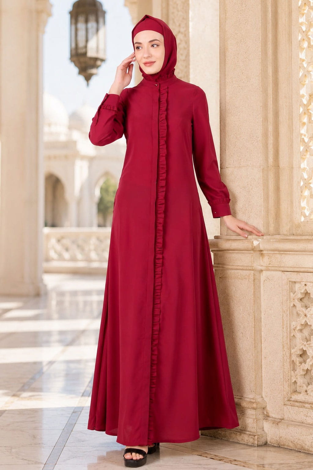 Full Front Open Abaya With Frills On Placket