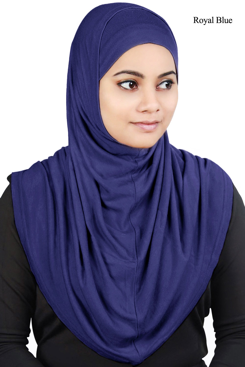 A woman wearing a royal blue two-piece viscose jersey hijab with a bonnet underscarf.