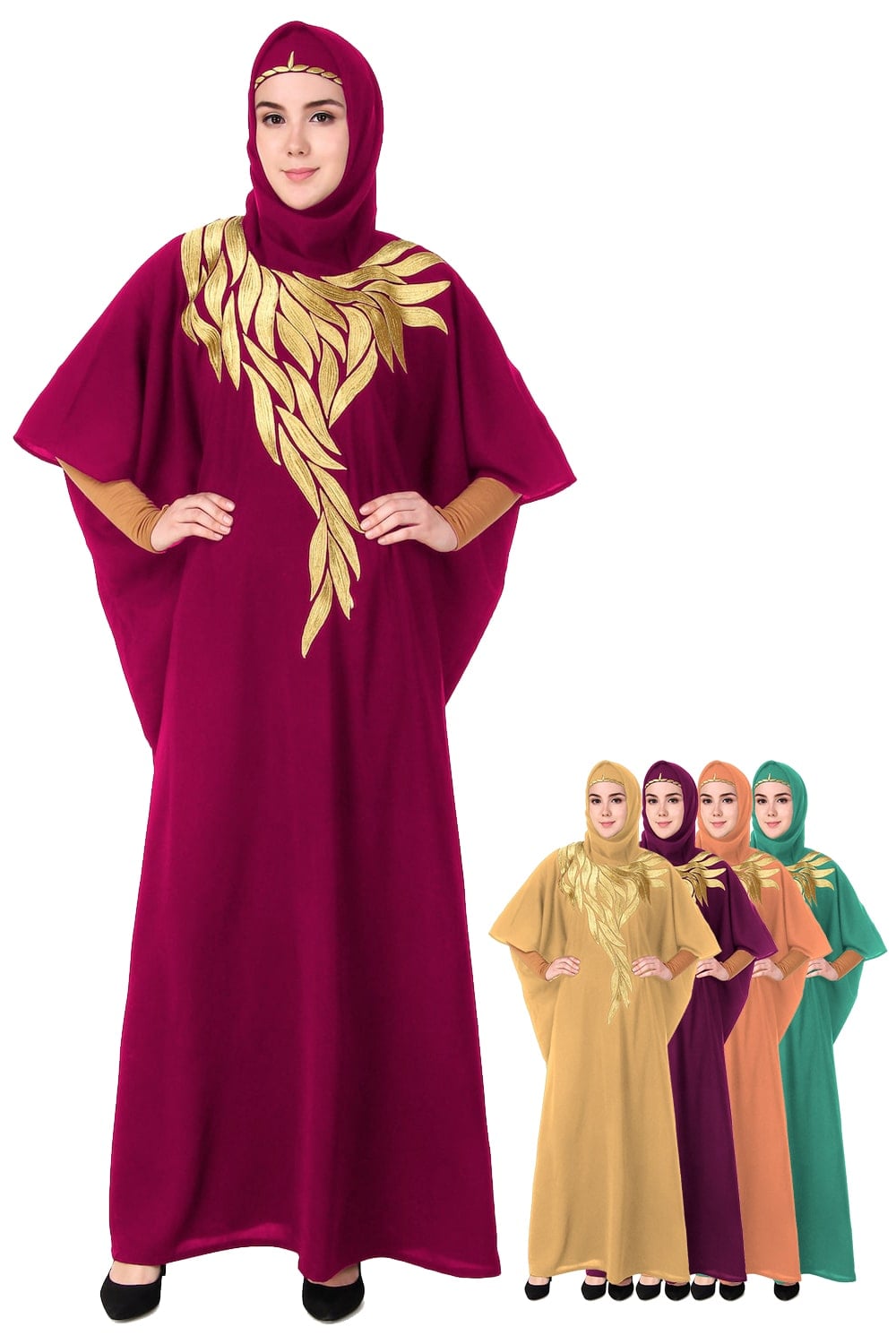 A model wearing a red kaftan with gold embroidered multi-leaf design around the neckline. The image also shows two smaller images of the kaftan in different color options.