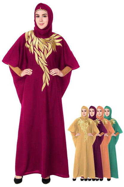 A model wearing a red kaftan with gold embroidered multi-leaf design around the neckline. The image also shows two smaller images of the kaftan in different color options.