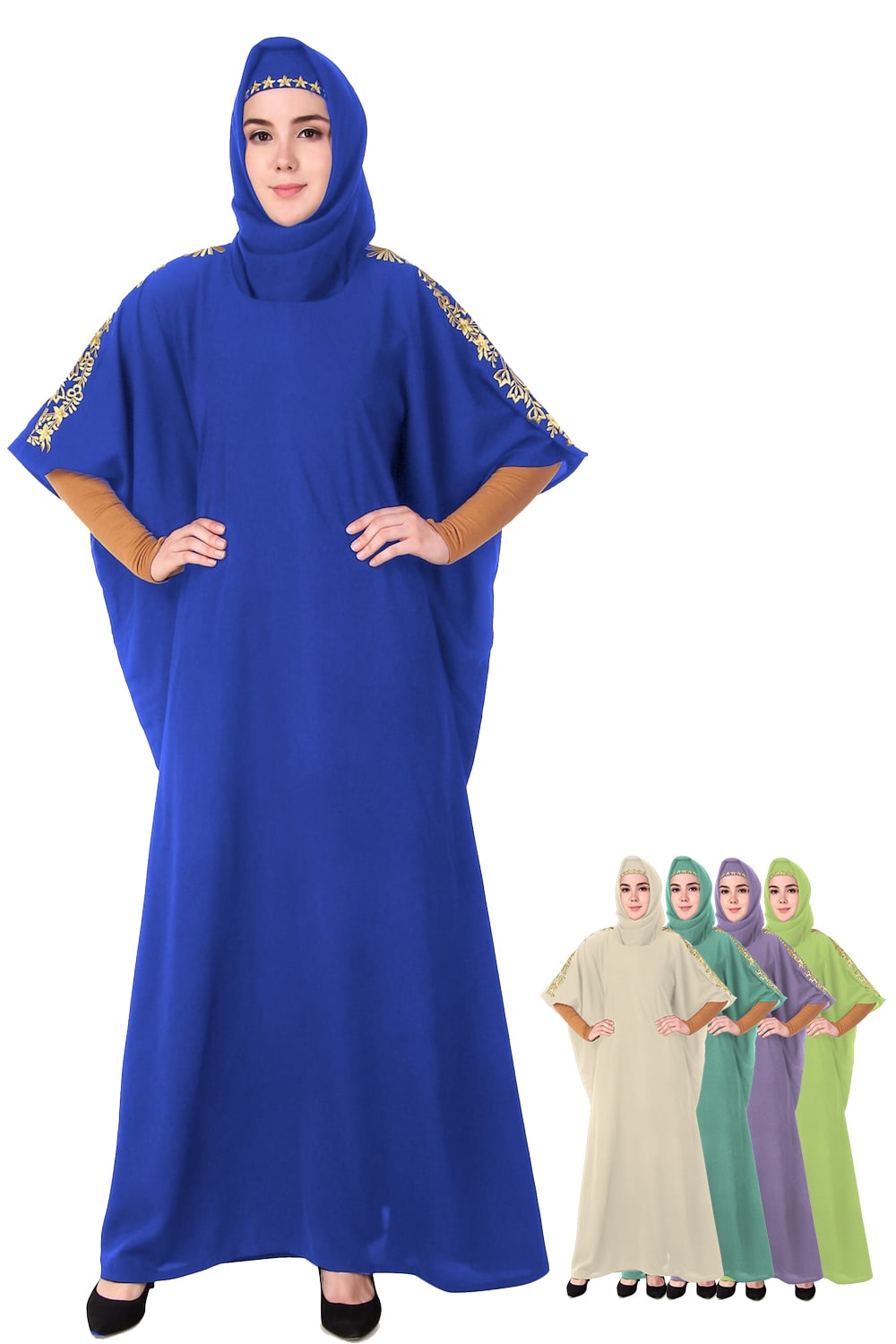 A model wearing a blue embellished floral sleeve kaftan with a round neckline, and three smaller images of the kaftan in different colors.