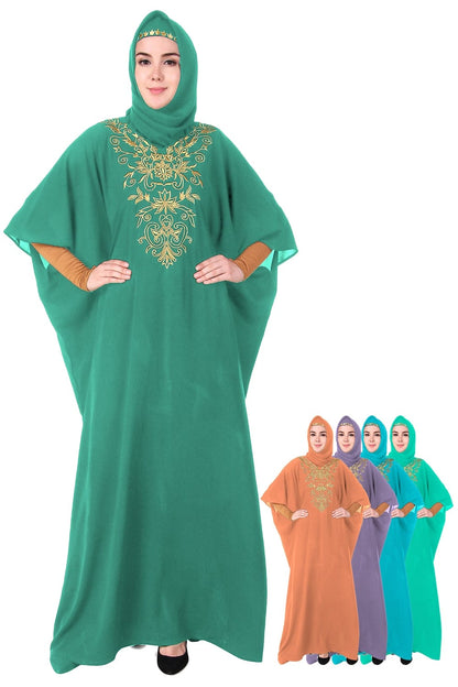 A model wearing a green embroidered floral gold kaftan with a V-neckline and an adjustable belt, alongside images of the kaftan in different colors.
