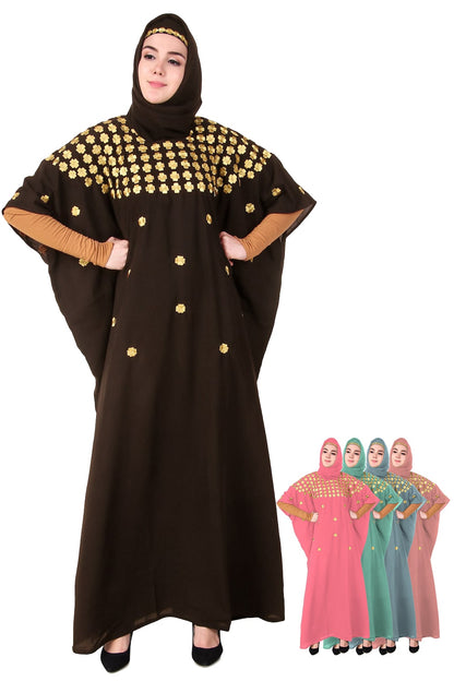 A kaftan with floral embroidery on the neck and gold accents, displayed in multiple color options.