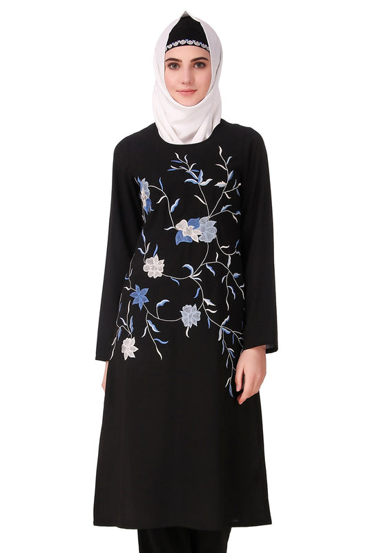 Black Leaf and Flower Embellished Black Nida Tunic
