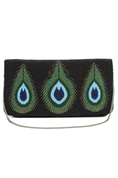 Hannah Peacock Feather Black Clutch Bag